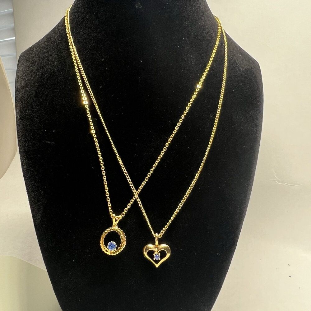 Lot of 2 Vintage Gold Tone Blue Rhinestone Pendant Necklaces Heart & Round 18"